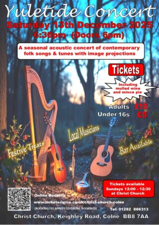 What better way to get into the festive spirit than by enjoying a glass of mulled wine and mince pie whilst listening to seven talented local folk musicians playing and singing memorable Yuletide songs.  Come along early (from 6pm) and browse craft stalls before settling in for the concert.  Tickets are available after the service each Sunday from 12 noon to 12:30 or book online through Ticket Source (details are on the poster.)