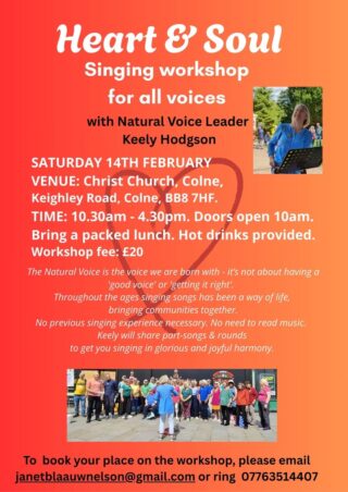 Fancy an uplifting day of singing?  This workshop is open to everyone; male, female, singers & non-singers.  No previous music knowledge is necessary, all you need is the voice you were born with.  Book now by contacting Janet - details on the bottom of the poster.